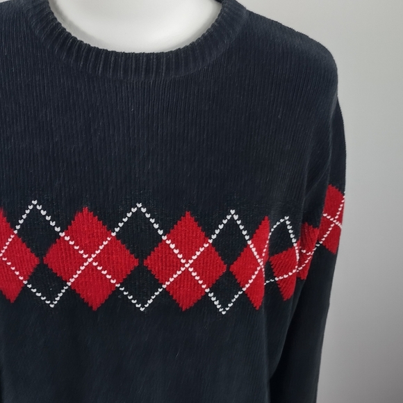 VTG Prefab Men Crew Neck Velveteen Sweater Size Lg Argyle Print Diamond - Picture 4 of 16